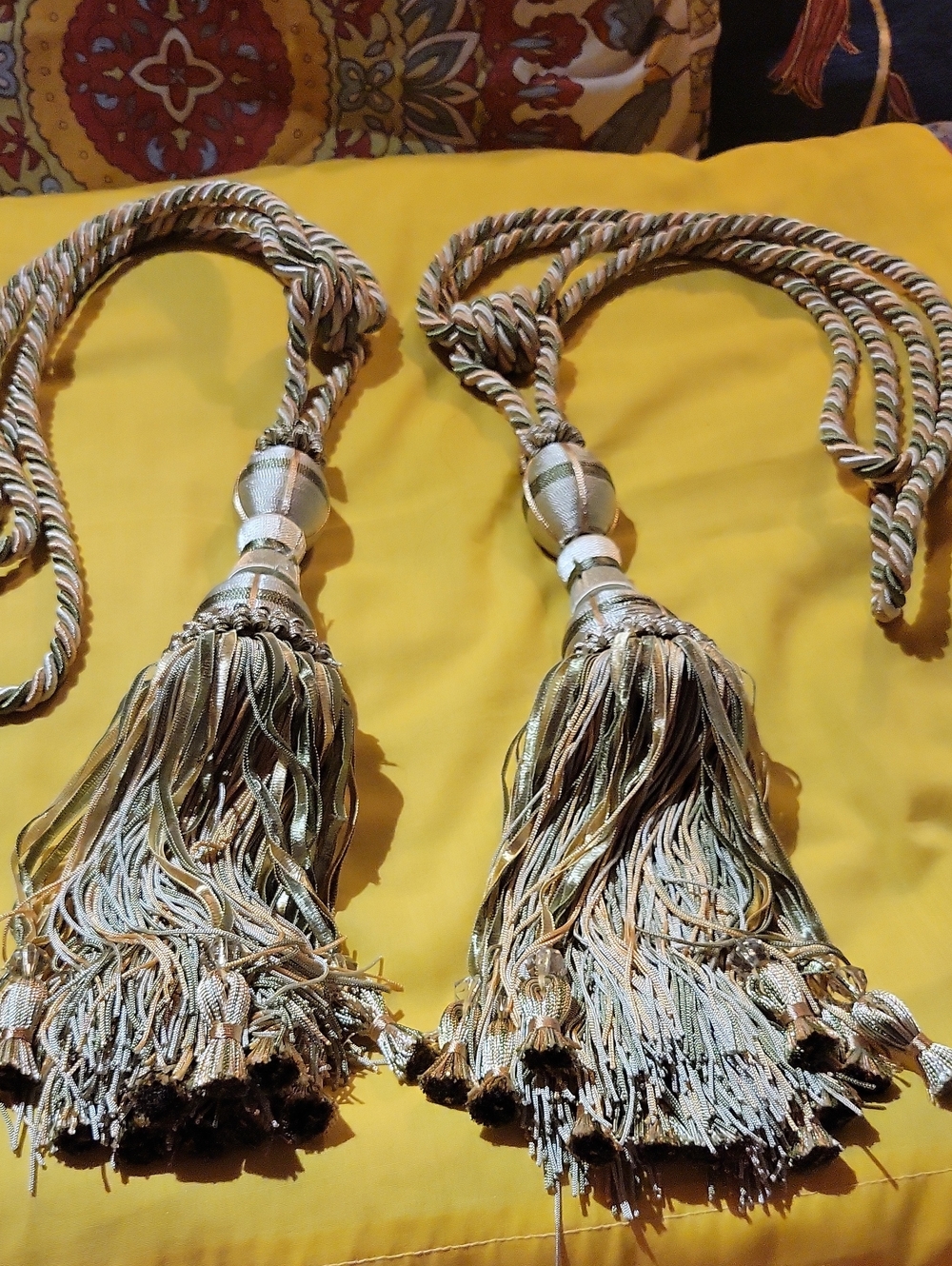 Heavy Tassels Or Curtain Tiebacks - Beads, Fringe, Ribbons - Green, Yellow
